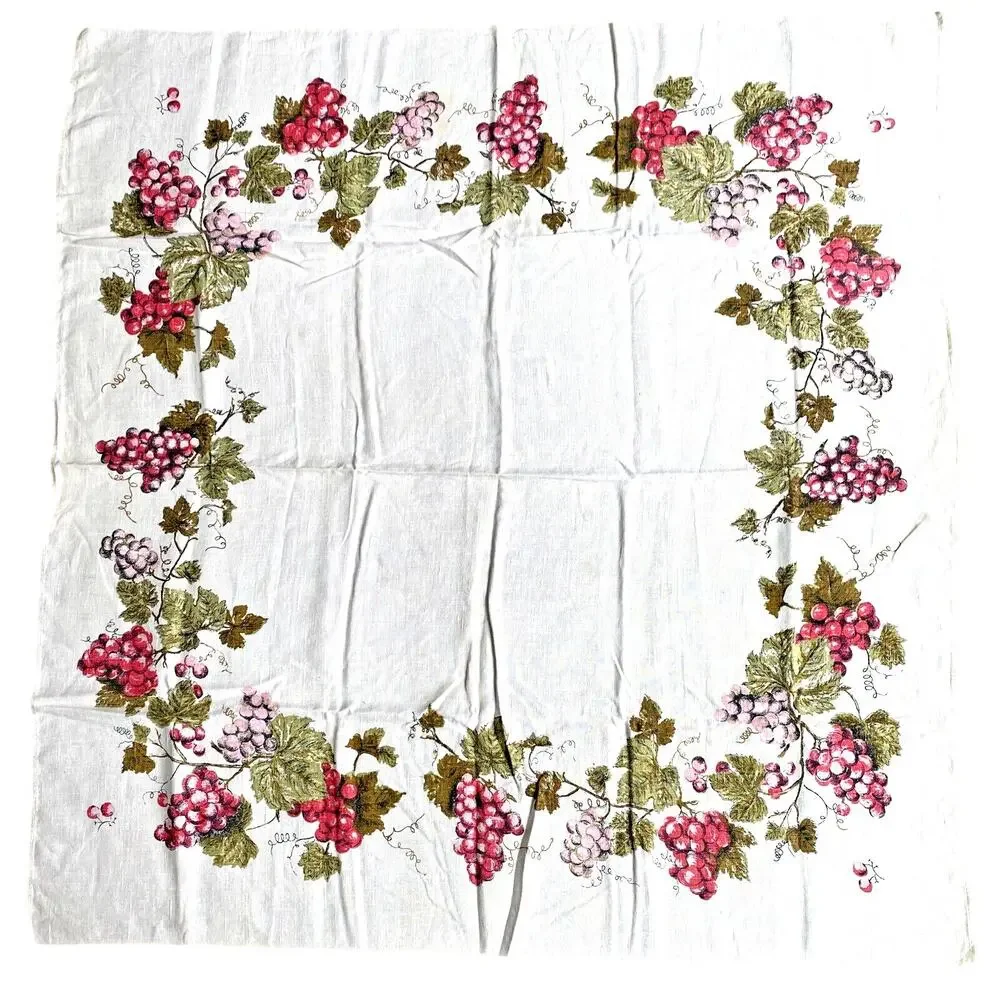 Square tablecloth printed cotton blend pink red grapes greenery vine border FLAW